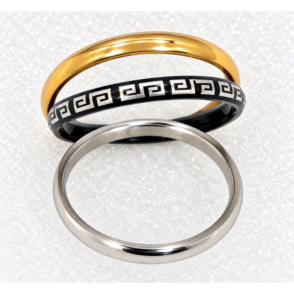 Tri Color Greek Key Band Ring Stainless Steel Gold Silver Black Geometric Size 7